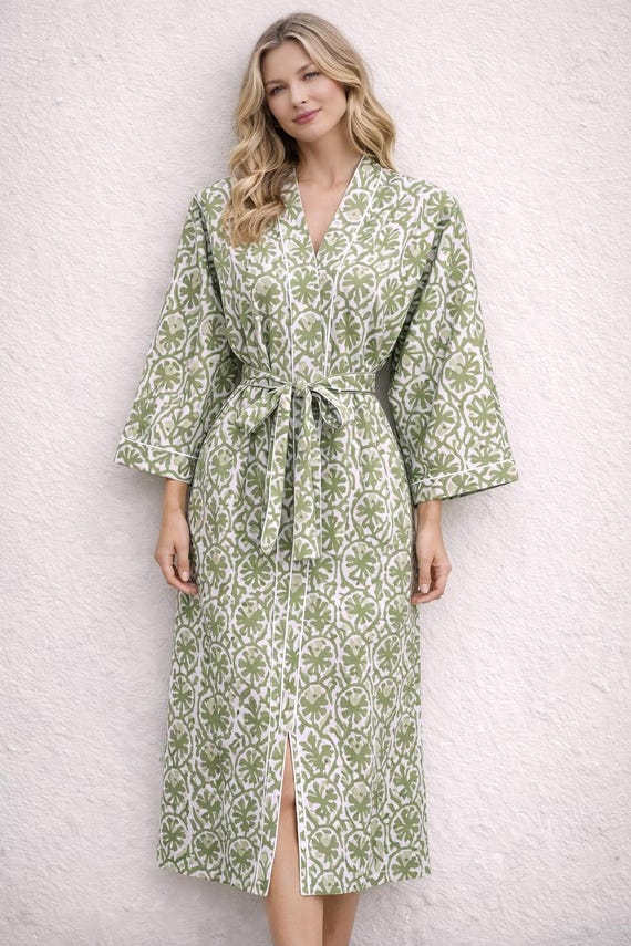 green floral dressing gown Hand Block Print Cotton Kimono Robe, Indian Gown, Lightweight Summer Loungewear, Bridesmaid Gift Dusty blue color georgette sharara style salwar suit buy now