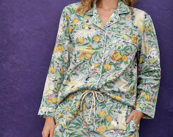 Pigiama in cotone a due pezzi, set pigiama con stampa floreale e uccelli, pigiama casual estivo