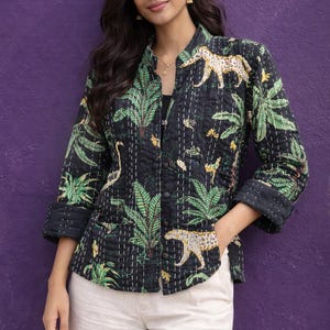 Hand Block Printed Quilted Jacket – Jungle Safari Print Kantha Coat, Boho Cotton Jacket for Women
