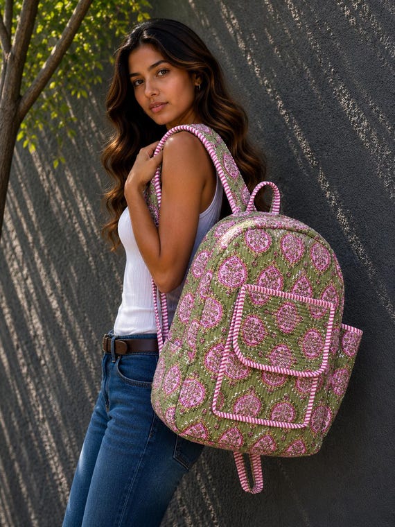 Handmade Floral Backpack, Quilted Cotton Bag, Pink Green Bohemian Backpack, Lightweight Travel Rucksack