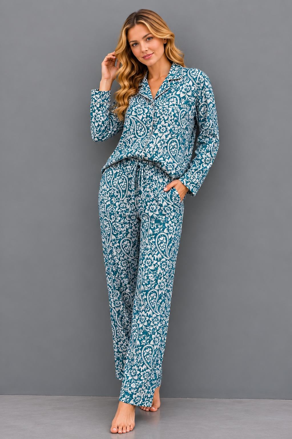 Women's Cotton PJ Set Blue Floral, Soft Breathable Sleepwear, Button Down Pajamas, Cozy Loungewear Set, Handmade Gift