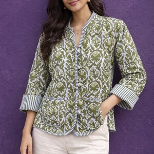 Green Floral Quilted Jacket | Kantha Stitch Cotton Coat | Block Print Spring Cardigan Reversible Quilted Kantha Jacket