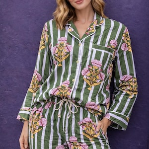 Handcrafted Silk Satin Loungewear Set, Comfy and Chic Pyjama Suit, Floral Striped Print