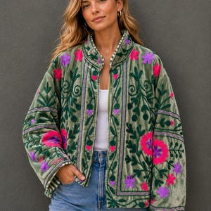 Green Velvet Embroidered Jacket Women, Floral Quilted Cotton Coat, Boho Vintage Jacket, Handmade Artisan Outerwear, Gift for Her