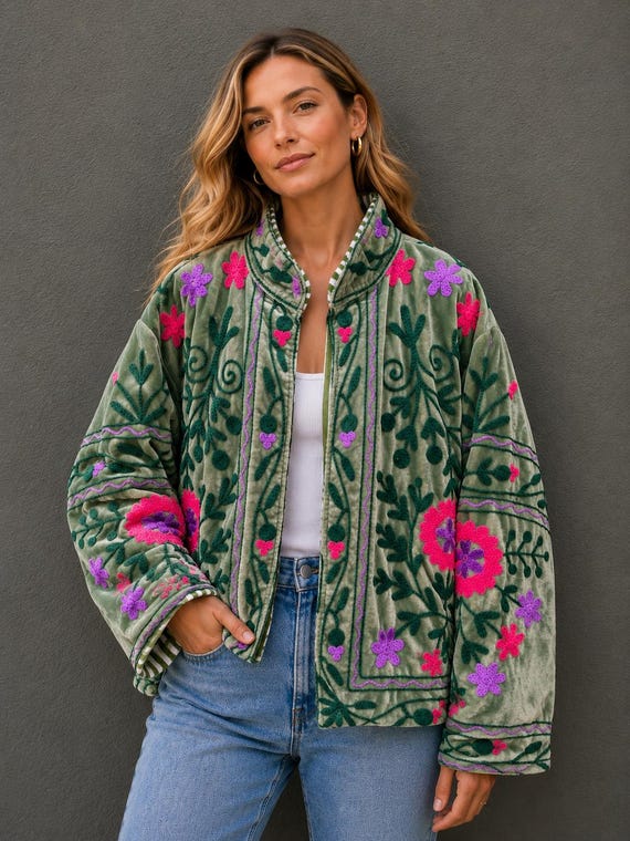 Green Velvet Embroidered Jacket Women, Floral Quilted Cotton Coat, Boho Vintage Jacket, Handmade Artisan Outerwear, Gift for Her