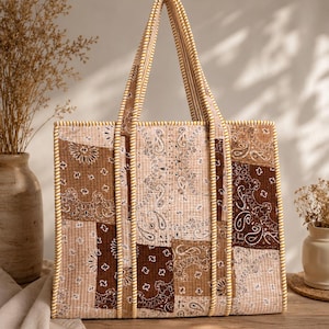 Boho Quilted Tote Bag, Patchwork Cotton Shoulder Bag, Handmade Bandana Print Tote, Large Everyday Tote Bag, Travel Beach Market Bag