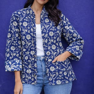 Indigo Hand Block Printed Cotton Jacket for Women | Boho Floral Quilted Coat | Lightweight Indian Kimono Outerwear | Casual spring layers
