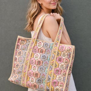Pastel Floral Quilted Cotton Tote Bag | Handmade Block Print Shopper | Eco Friendly Everyday Tote Handmade Gift for Her