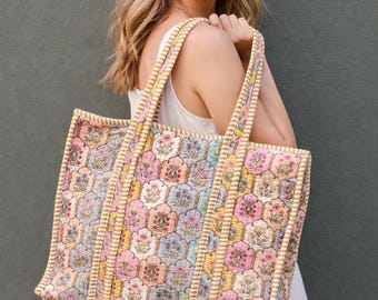 Pastel Floral Quilted Cotton Tote Bag | Handmade Block Print Shopper | Eco Friendly Everyday Tote Handmade Gift for Her