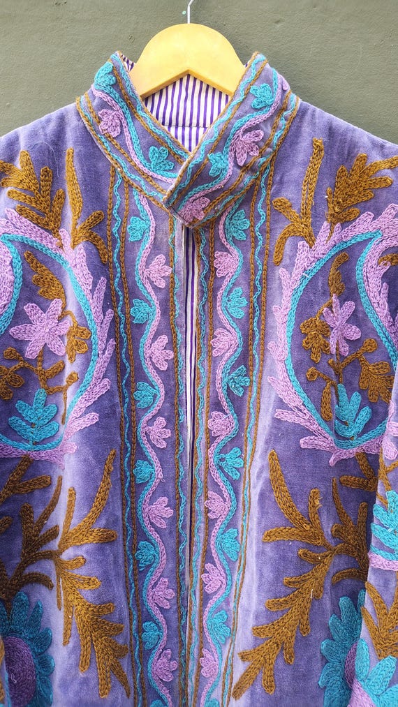 Luxury Velvet Embroidered Jacket, Lavender Boho Coat, Ethnic