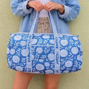 Blue Floral Kantha Quilted Duffle Bag, Wildlife Print Cotton Weekender, Indian Hand Block Travel Bag, Boho Gym Overnight Gift