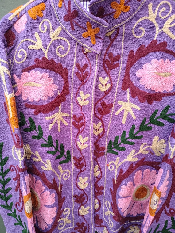 Handmade Embroidered Cotton Jacket – Purple Floral Folk Art