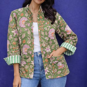 Handmade Quilted Jacket Women Boho Floral Cotton Jacket Reversible Block Print Coat | Lightweight Indian Kantha Jacket Fall Winter Outerwear