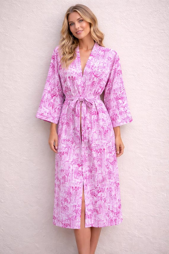 ladies lightweight dressing gown Pink Cotton Kimono Robe for Women | Palace Print Short | Bridesmaid Loungewear Gift ROSE-PINK