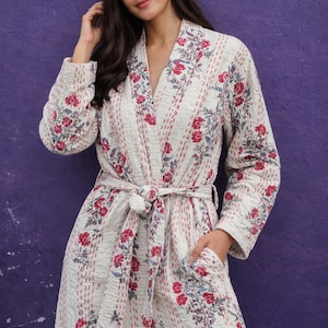 Quilted Kantha Robe for Women, Cotton Block Print Kimono, Floral Dressing Gown, Indian Sleepwear, Bridesmaid Gift, Winter Lounge Wear