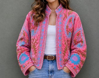Pink Embroidered Velvet Jacket, Boho Floral Kashmiri Coat, Handmade Vintage Style Jacket, Colorfull Festival Outerwear for Women