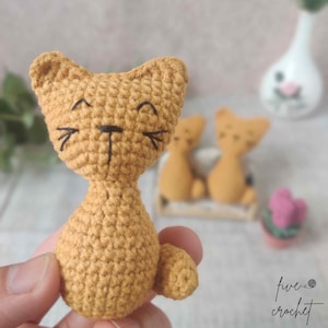 Könnte beinhalten: Ein gehäkeltes Katzenspielzeug mit einem lächelnden Gesicht, braunen Augen und einer schwarzen Nase. Die Katze ist hellbraun und sitzt auf einer Hand.