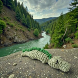 May include: A crocheted alligator toy in shades of green and beige rests on a stone surface. The toy features a textured body and a green spine. The background shows a river winding through a forest.