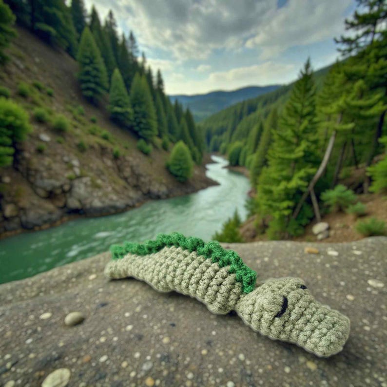 May include: A crocheted alligator toy in shades of green and beige rests on a stone surface. The toy features a textured body and a green spine. The background shows a river winding through a forest.