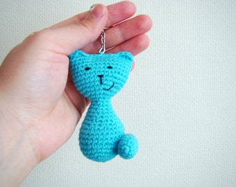 Crochet keychain amigurumi cat thank you gift ideas cat keychain keyring cool keychain housewarming gift amigurumi cat crochet cat blue