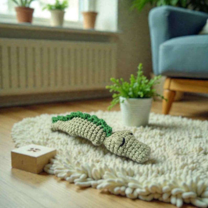 May include: A crocheted alligator toy in beige and green, lying on a cream-colored, shaggy rug. The alligator has a detailed head and a textured body. A small wooden box is in the lower left corner.