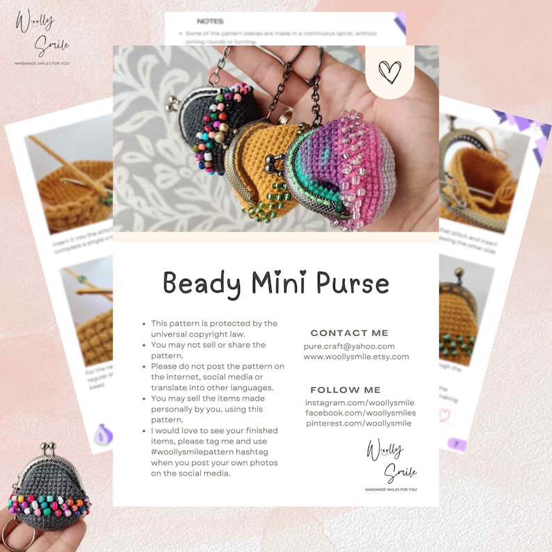 Puede incluir: Primer plano de tres mini monederos con cuentas en negro, amarillo y morado, cada uno con un esquema de color diferente. Los monederos tienen un cierre de broche y est&aacute;n adornados con cuentas de colores. El texto "Beady Mini Purse" es visible.