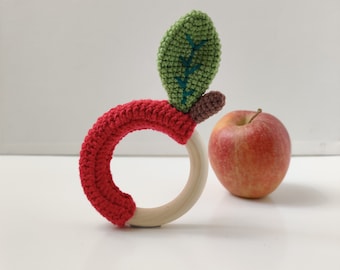 Crochet Apple Baby Teether Pattern: Eco-Friendly Wooden Toy (PDF Digital Download)