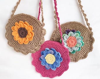 Patrón de bolso de flores a crochet: Monedero floral de rafia, accesorio para niña (Descarga digital en PDF)