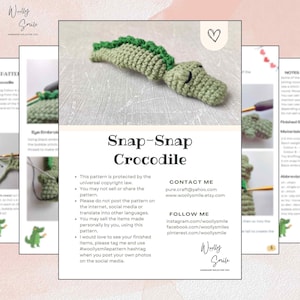 May include: A crocheted green and light green crocodile toy. The image includes the text "Snap-Snap Crocodile" and contact information for the creator. The crocodile is a handmade item, likely a pattern for sale.