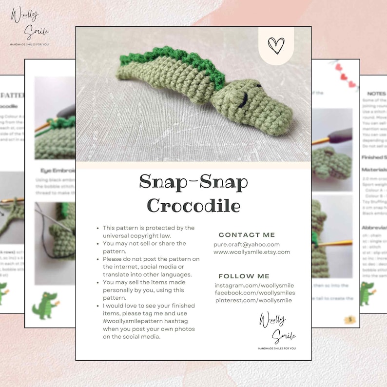 May include: A crocheted green and light green crocodile toy. The image includes the text "Snap-Snap Crocodile" and contact information for the creator. The crocodile is a handmade item, likely a pattern for sale.