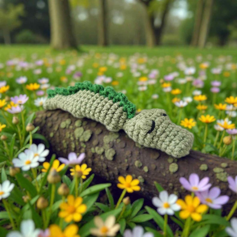 May include: A crocheted alligator toy in shades of green and tan rests on a weathered log. The handmade reptile features a textured body and a green spine. The scene is set outdoors, surrounded by a field of colorful wildflowers.