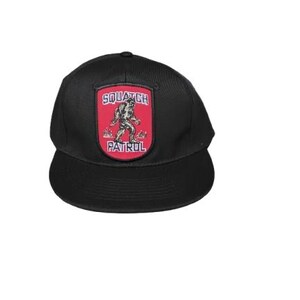 May include: Black baseball cap with a flat brim. The cap features a red patch with the words "SQUATCH PATROL" and an illustration of a Bigfoot-like creature. The cap is a classic style, suitable for outdoor activities.