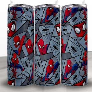 May include: Three stainless steel tumblers with a Spider-Man comic book design. The design features Spider-Man in various poses, along with spider web and spider graphics, set against a gray background. Each tumbler has a silver lid and a clear straw.