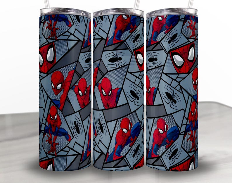 May include: Three stainless steel tumblers with a Spider-Man comic book design. The design features Spider-Man in various poses, along with spider web and spider graphics, set against a gray background. Each tumbler has a silver lid and a clear straw.