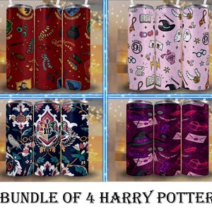 Puede incluir: Un paquete de cuatro vasos de acero inoxidable con temática de Harry Potter. Los vasos presentan varios diseños, incluyendo escudos de Hogwarts, símbolos icónicos y citas de la serie. Los vasos son en tonos de rojo, rosa, azul marino y morado.