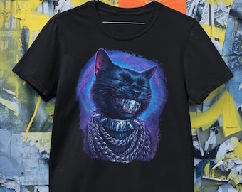 Bling Cat Meme Shirt Funny Streetwear Tee Ironic Gangsta Cat Chains Grills Rap Style Hip Hop Aesthetic Black Cat Design Humor Tee