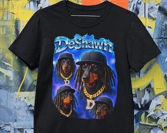 DeShawn Dog Shirt Funny Dachshund Meme Tee Hip Hop Dog Parody Shirt Rap Style Dog with Gold Chain Internet Humor Streetwear Ironic Meme