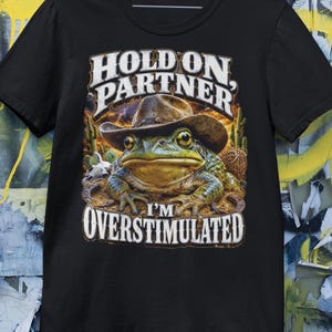 Pode incluir: Uma t-shirt preta de manga curta com um gráfico de um sapo verde a usar um chapéu de cowboy castanho num cenário de deserto. O texto diz HOLD ON PARTNER, I'M OVERSTIMULATED. O design inclui catos, um crânio e um céu laranja tempestuoso.