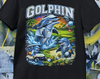 Golphin - Dolphins Playing Golf - Ironic Bootleg Style Meme Shirt - Golfing Pun Dad Joke Tee