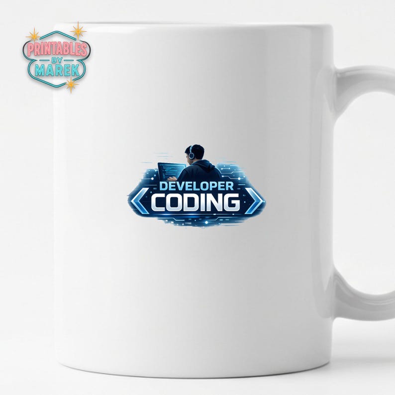 Pode incluir: Caneca de cer&acirc;mica branca com um gr&aacute;fico azul e branco de uma pessoa com fones de ouvido trabalhando em um laptop. O texto "DEVELOPER CODING" &eacute; exibido em um design azul e branco. A caneca tamb&eacute;m tem o texto "Printables by Marek".