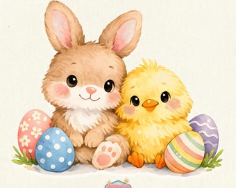 Clipart PNG de coelhinho e pintinho fofos da Páscoa, ilustração de coelhinho e pintinho da Páscoa, aquarela de coelhinho e pintinho, clipart de animais da primavera, Páscoa