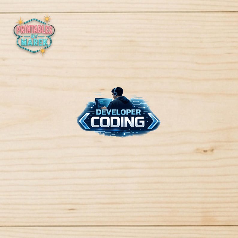 Pode incluir: Um design digital com um desenvolvedor codificando em um laptop, com as palavras "DEVELOPER CODING" em um design azul e branco. A imagem tamb&eacute;m inclui o texto "Printables by Marek" em um design rosa e azul.