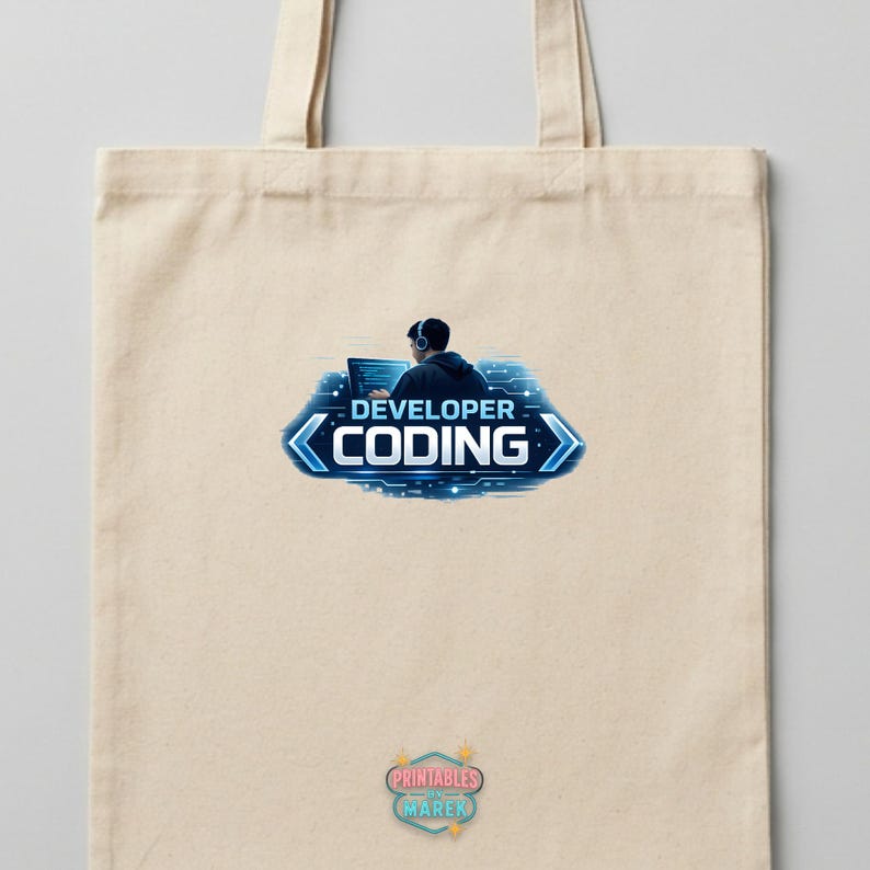 Pode incluir: Saco tote bege com um gr&aacute;fico azul e branco de uma pessoa codificando em um laptop, com as palavras "DEVELOPER CODING". A sacola tamb&eacute;m tem o texto "PRINTABLES MAREK" em um design circular.