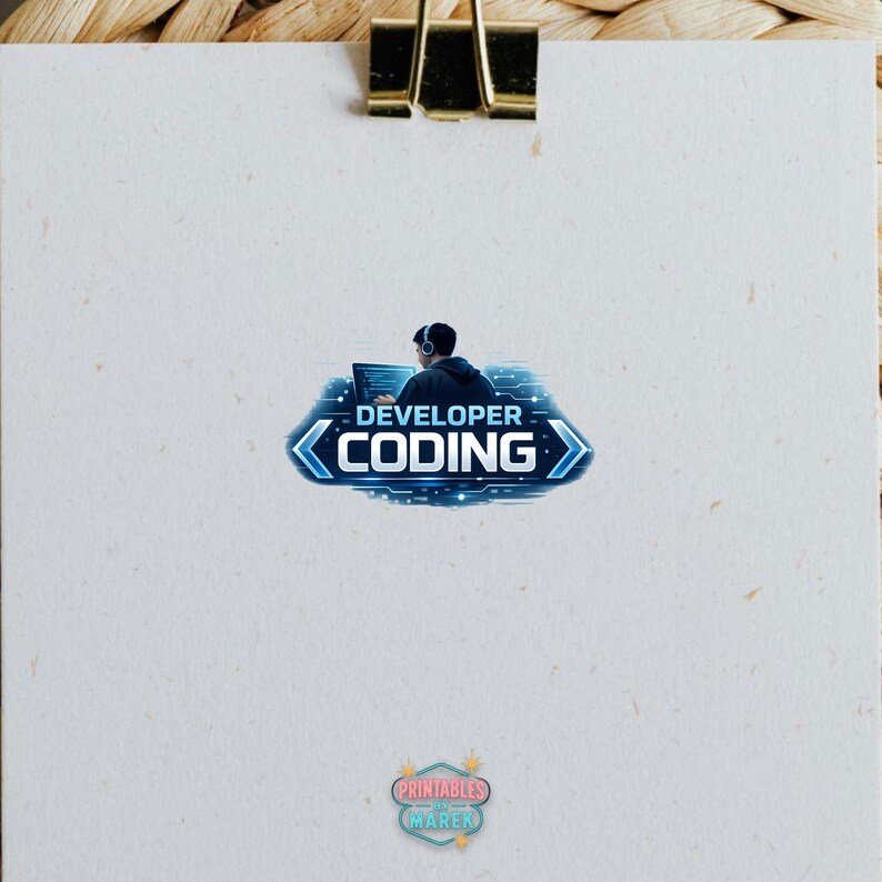Pode incluir: Um papel branco com um clipe dourado no topo. O papel tem um gr&aacute;fico azul e branco de uma pessoa codificando, com as palavras "DEVELOPER CODING". Na parte inferior h&aacute; um pequeno logotipo que diz "Printables Marek".