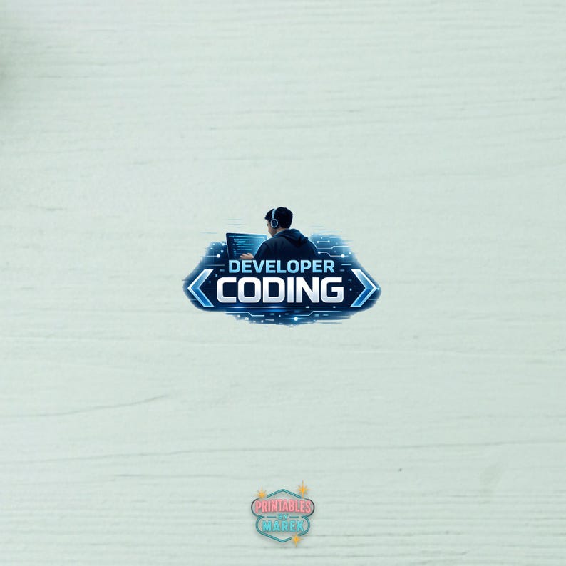 Pode incluir: Ilustra&ccedil;&atilde;o digital de uma pessoa com fones de ouvido codificando em um laptop. O texto "DEVELOPER CODING" &eacute; exibido em um design azul e branco. Um logotipo de "Printables Marek" est&aacute; na parte inferior.