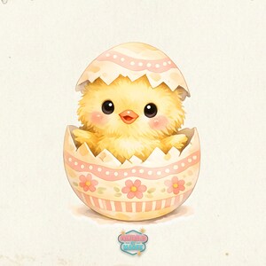 May include: A watercolour illustration of a yellow chick hatching from a decorated Easter egg. The egg is pale yellow with pink floral and striped patterns. The chick has large black eyes, a small orange beak, and pink cheeks. The image has a soft, pastel colour palette.