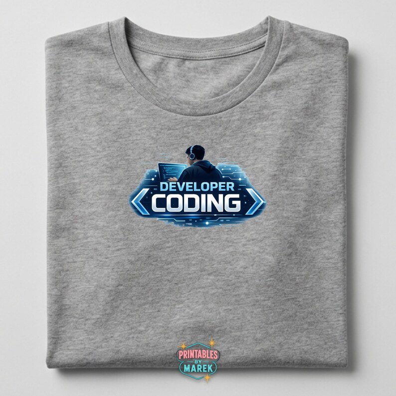 Pode incluir: Camiseta cinza mesclada com um gr&aacute;fico de uma pessoa com fones de ouvido codificando em um laptop. O design inclui as palavras "DEVELOPER CODING" em azul, em um estilo futurista. A camiseta tem decote redondo.