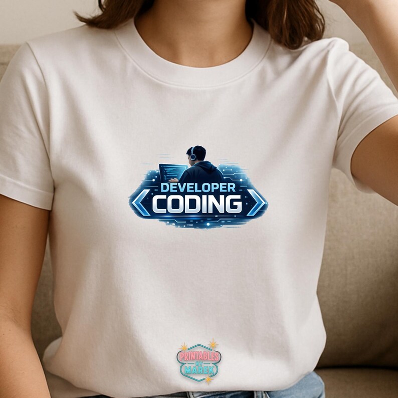 Pode incluir: Camiseta branca com um gr&aacute;fico azul e branco de uma pessoa codificando em um laptop com fones de ouvido. O texto "DEVELOPER CODING" &eacute; exibido em um design azul e branco. A camiseta &eacute; feita de um material macio.