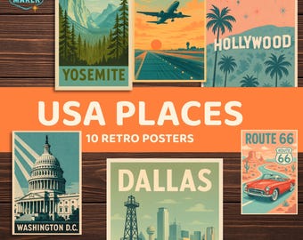 Pósters retro de EE. UU. de los años 50: Arte de viajes vintage de la cultura americana (Paquete de 10 descargas digitales)