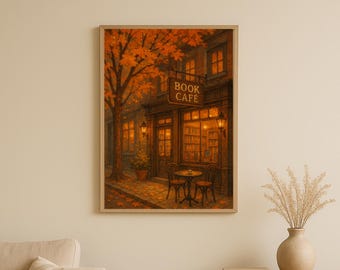 Autumn Coffee Shop Print: Cozy Fall Bookstore Art (Digital Download)